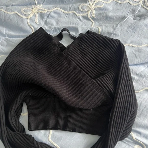 Windsor Black Ribbed Wrap-Crop Sweater - Picture 6 of 6